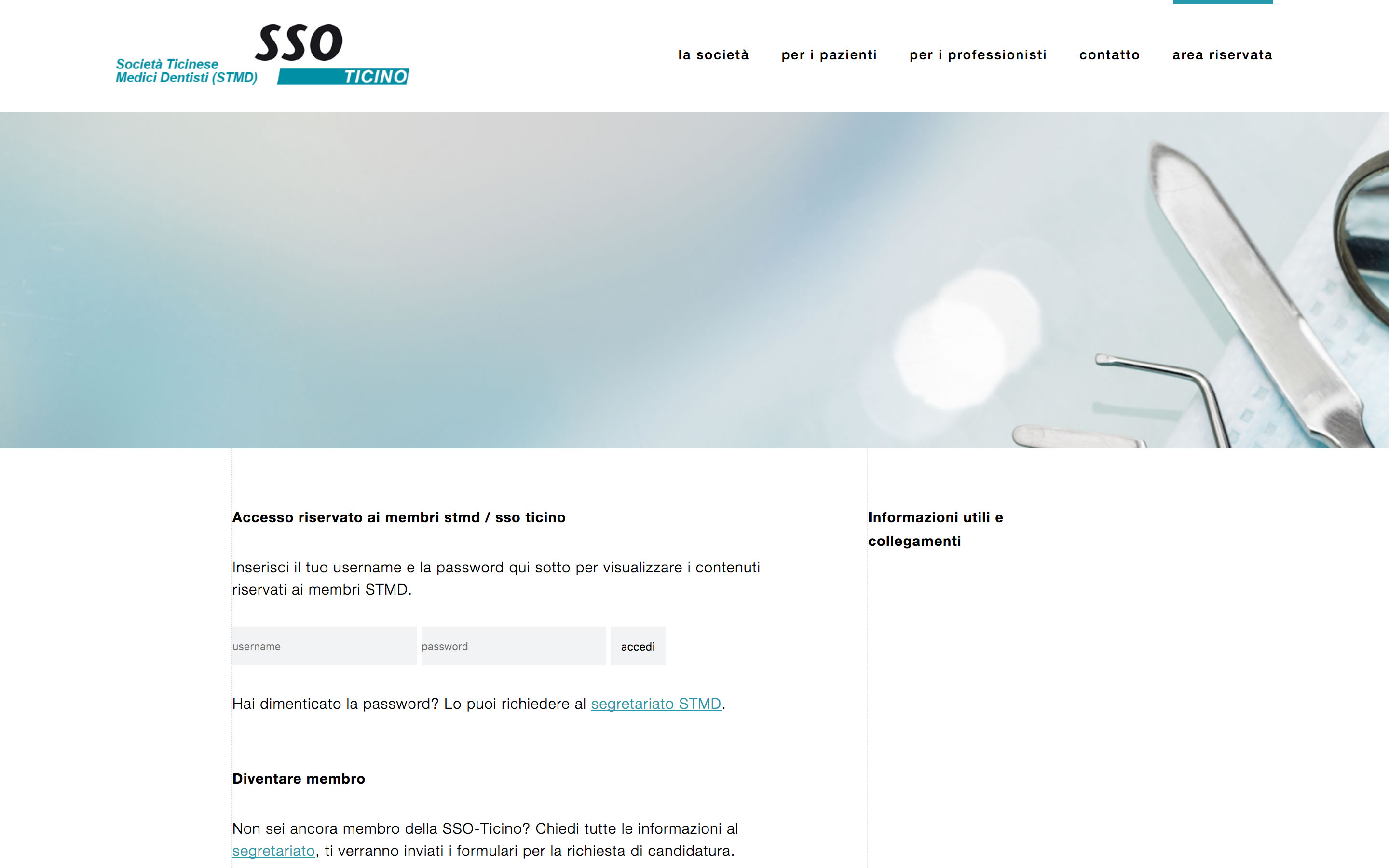 Screenshot of website designed for SSO-Ticino